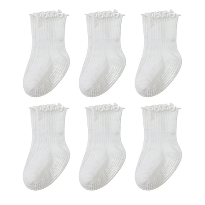 6 pairs  girls' toddler cotton socks with lace - baby anti-slip dot gel socks, cute walking socks with non-slip ruffles design