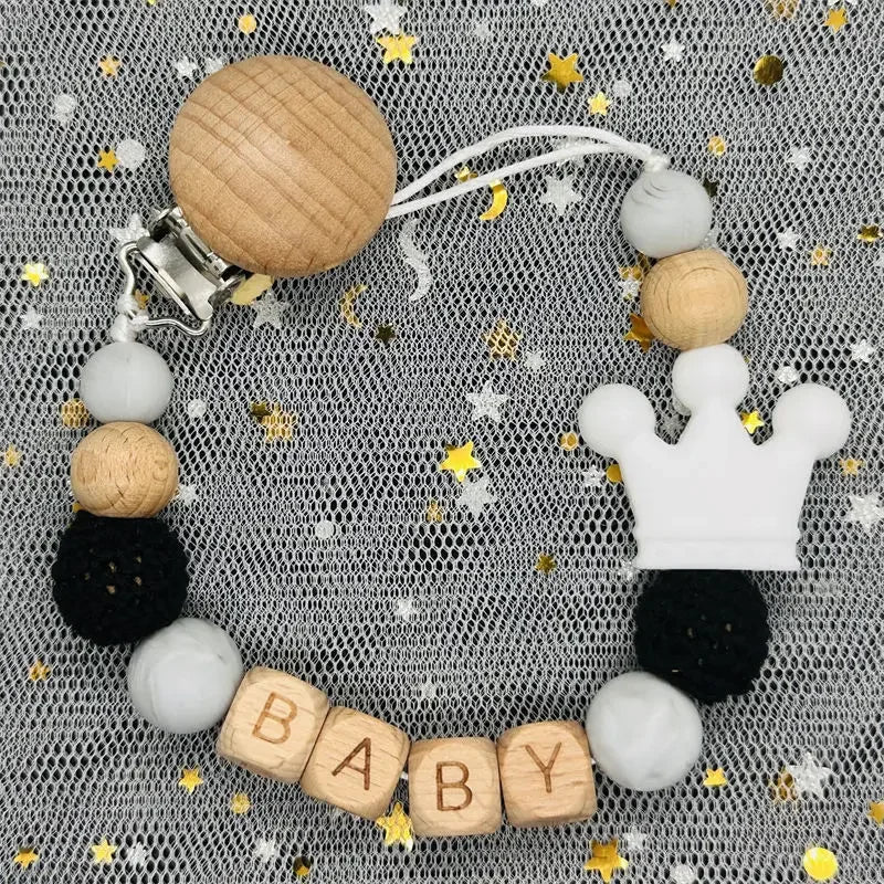 Custom Name Silicone Beads Wooden Ring Pacifier Clips Safe Teething Chains Baby Teether Eco-friendly Dummy Beech Clips Holder