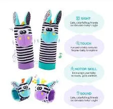 4Pcs Baby Rattles Toys Animal Socks Wrist Strap +Rattle Baby Foot Socks Bug Wrist Strap Toddler Socks Pacifier Toys  0-12 Months