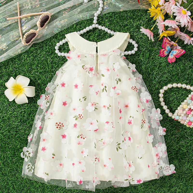 (0-3 Years) New Summer Girls Dress Halter Floral Floral Mesh Bow Round Neck Sweet Princess Dress Birthday Party Party Dress