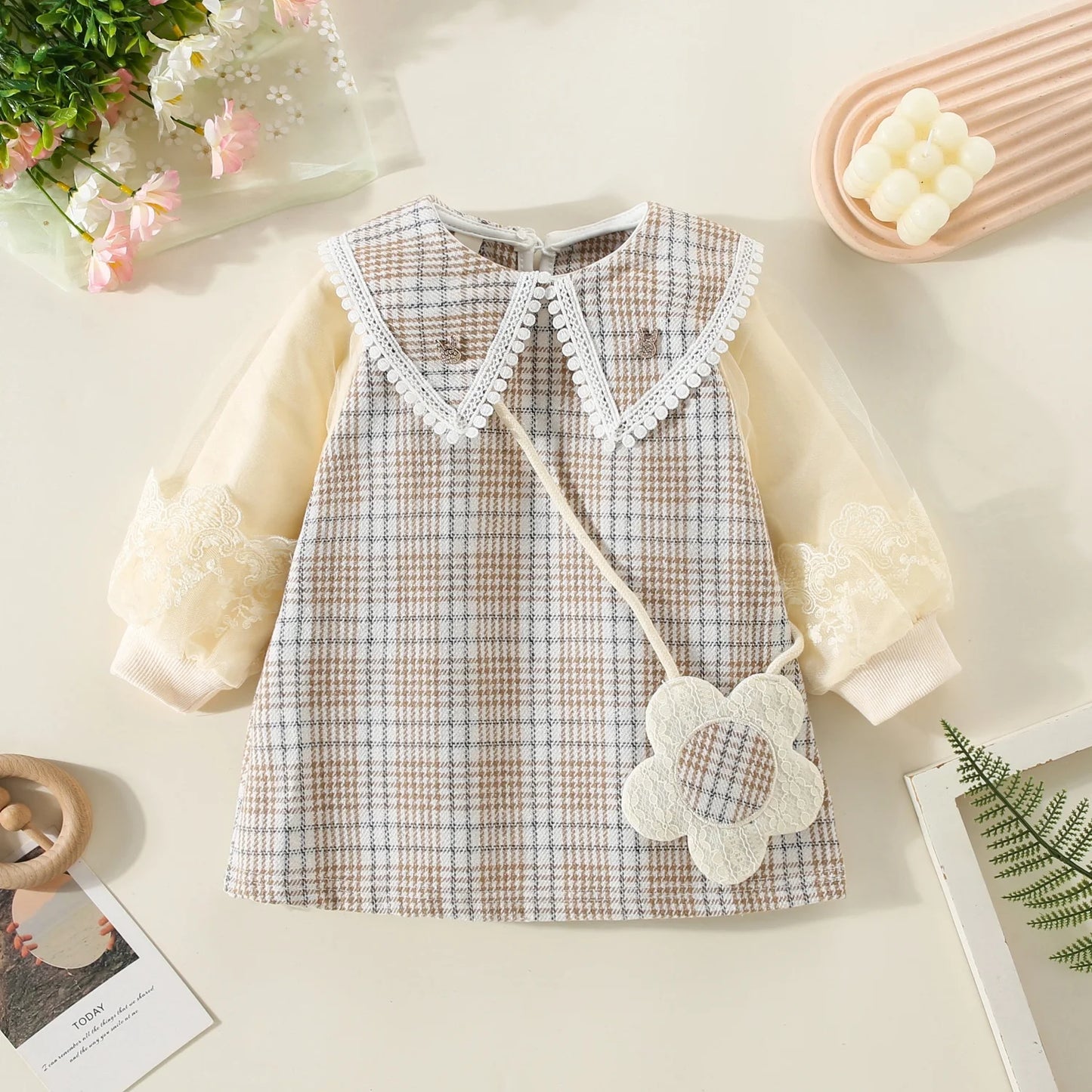 0-2 Years Spring Baby Girl Dress Flower Embroidered Organza Long Sleeved Baby Dress Girl Doll Collar Plaid Dress Send Bag
