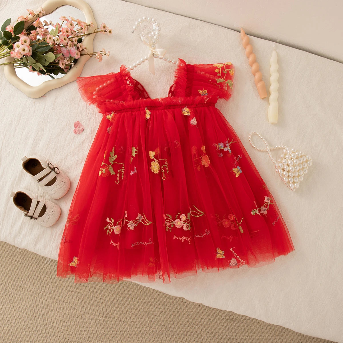Summer New Floral Embroidery Chiffon Baby Girl Princess Dress, Cute Butterfly Wing Children'S Clothing (9 Months - 4 Years Old)