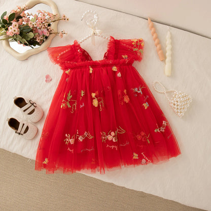 Summer New Floral Embroidery Chiffon Baby Girl Princess Dress, Cute Butterfly Wing Children'S Clothing (9 Months - 4 Years Old)