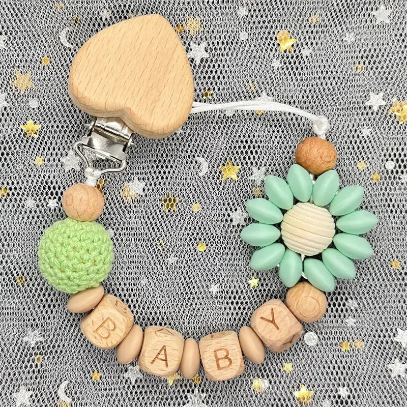 Custom Name Silicone Beads Wooden Ring Pacifier Clips Safe Teething Chains Baby Teether Eco-friendly Dummy Beech Clips Holder