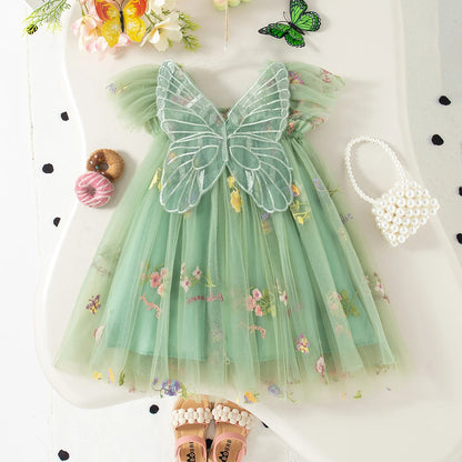 Summer New Floral Embroidery Chiffon Baby Girl Princess Dress, Cute Butterfly Wing Children'S Clothing (9 Months - 4 Years Old)