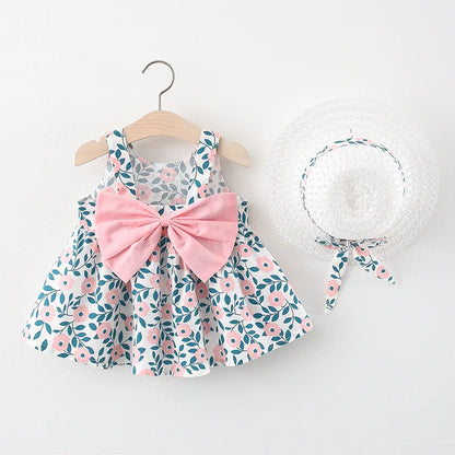 2Pcs/SetSummer floral large bow grass hat skirt for girls Korean version suspender dress with hats as a gift