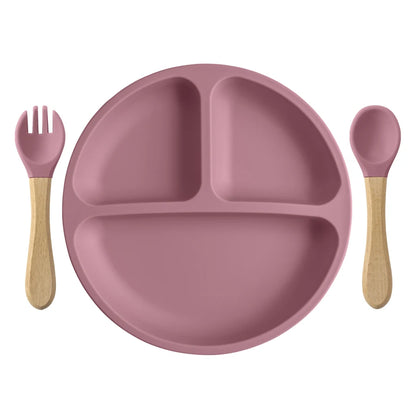 3PCS Silicone Children Tableware Baby Feeding Set Silicone Dinner Plate Wood Handle Spoon Fork BPA Free Baby Training Tableware