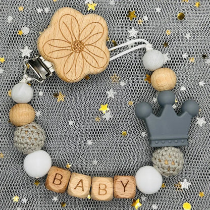 Custom Name Silicone Beads Wooden Ring Pacifier Clips Safe Teething Chains Baby Teether Eco-friendly Dummy Beech Clips Holder