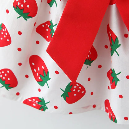New Summer Baby Girls Dress + Hat Big Bow Ribbon Halter Strawberry Polka Dot Full Print Sweet Princess Dress Birthday Party Team