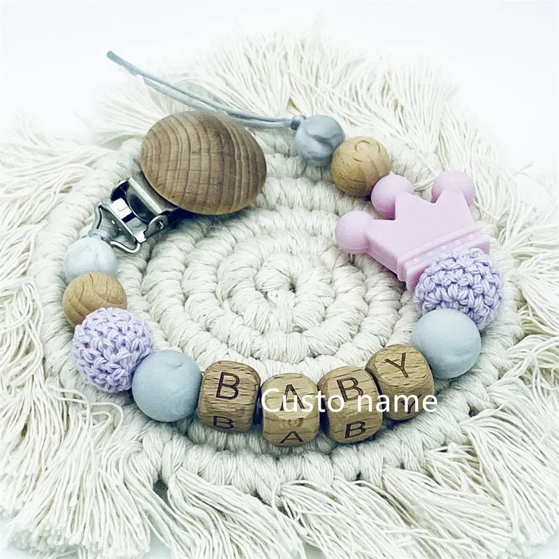 Custom Name Silicone Beads Wooden Ring Pacifier Clips Safe Teething Chains Baby Teether Eco-friendly Dummy Beech Clips Holder