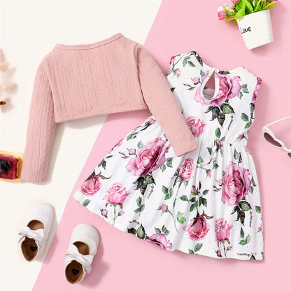 0-3 Years Toddler Baby Girl 2PCS Dress Set Plain Color Ribbed Overcoat+Floral Sleeveless Dress Fashion Lovely Style Party Wear