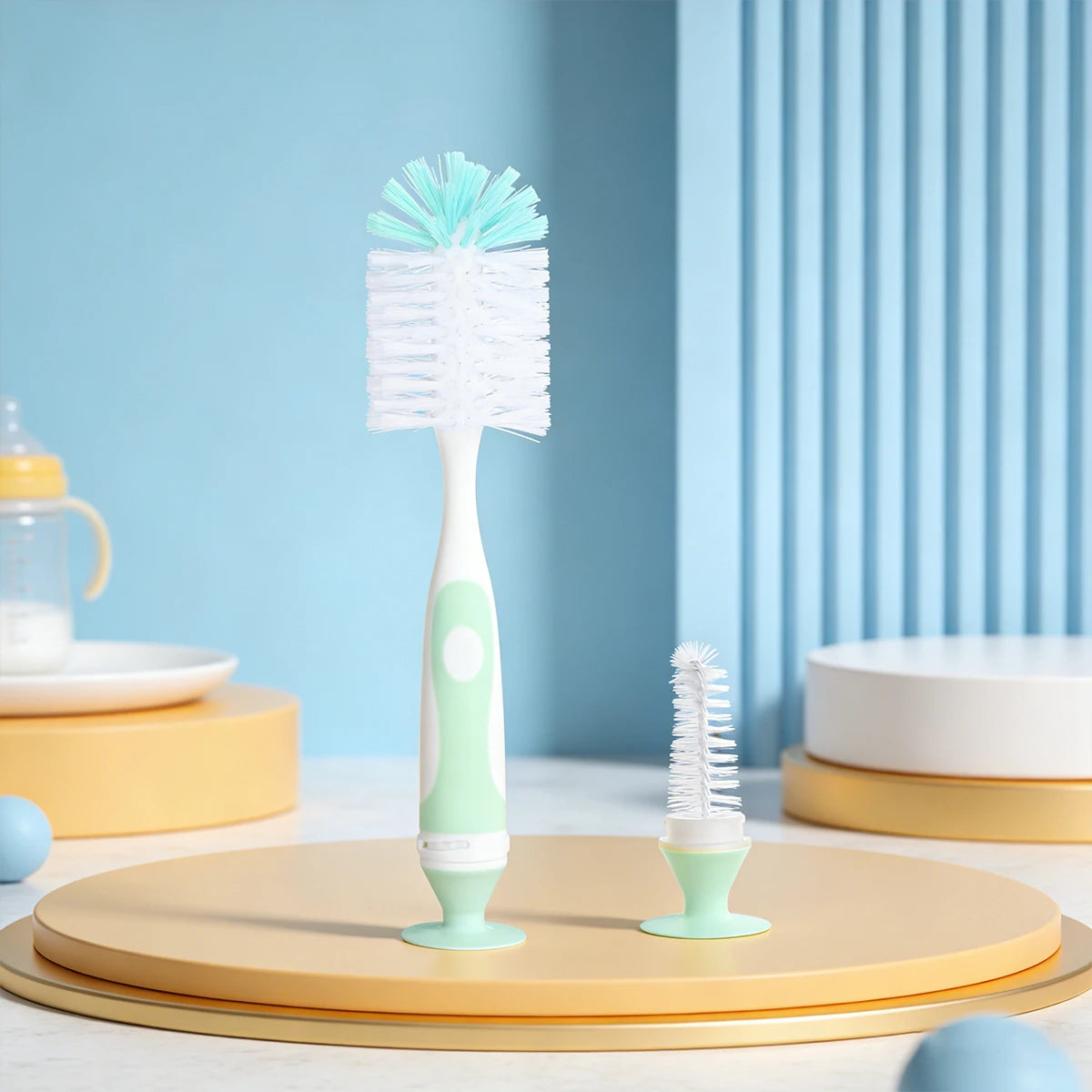 2-in-1 Nylon Bristle Baby Bottle Brush with Nipple Brush and Suction Cup, Cup Brush, Daily Use Feeding Cleaning Brush