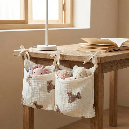 TDHD Baby Crib Hanging Bag, Horizontal Double Pockets, White Printed Soft Fabric, Non-slip Strap, Stores Diapers & Small Items