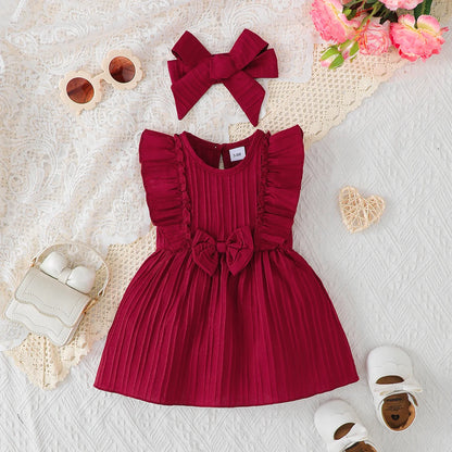 Baby girl's Sleeveless Dress Solid color Ruffled edges Fashion Summer Dress+Headband, 0-24 Months old Baby girl's New Year Dress
