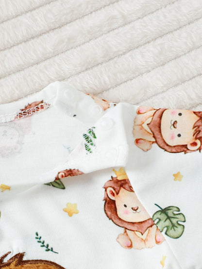 New Baby Boy Casual Cute Cartoon Lion Pattern Round Neck Short Sleeve Hoodie with Shoulder Buckle, Shorts, And Hat