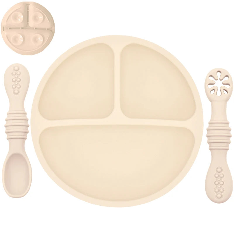 Silicone Baby Sucker Silicone Dining Plate Rice Spoon Set Cute Cartoon Children Dishes Smile Face Baby Tableware Retro Kid Bowl