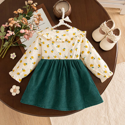 Girls Dresses Spring And Autumn Bow And Flower Pattern Long Sleeve Baby Girl Clothes Cute Birthday Celebration Kids' Dresses