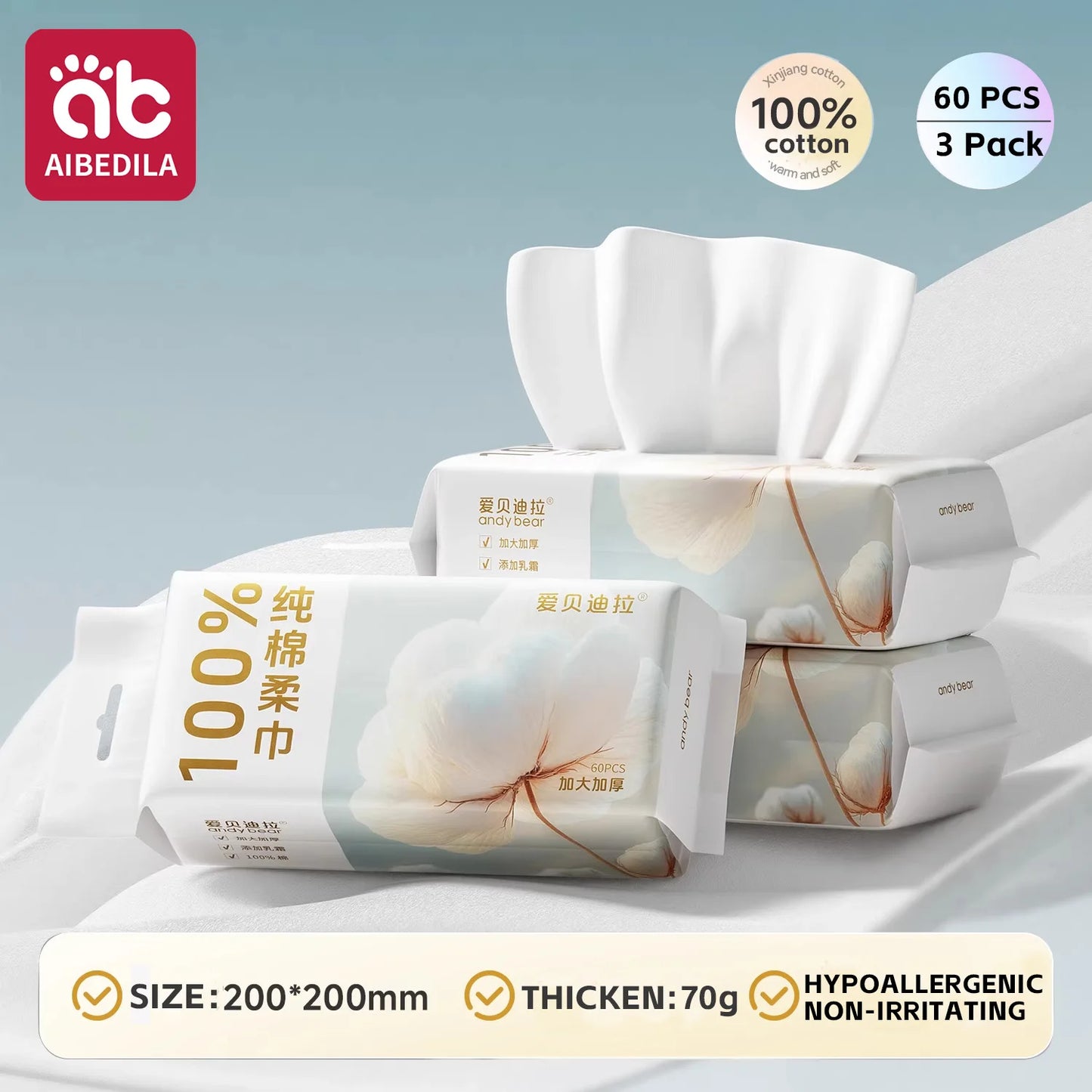 100% Cotton Dry Wipes Sensitive+ Newborn Baby Wipes, 3-In-1 Cleans Cares Protects Unscented Hypoallergenic Thick Facial Towels