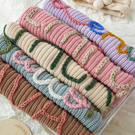 New Custom Name Kids Clothes Girls Boys Personalized Baby Sweaters Handmade Thick Line Embroidery Children's Knitted Sweater