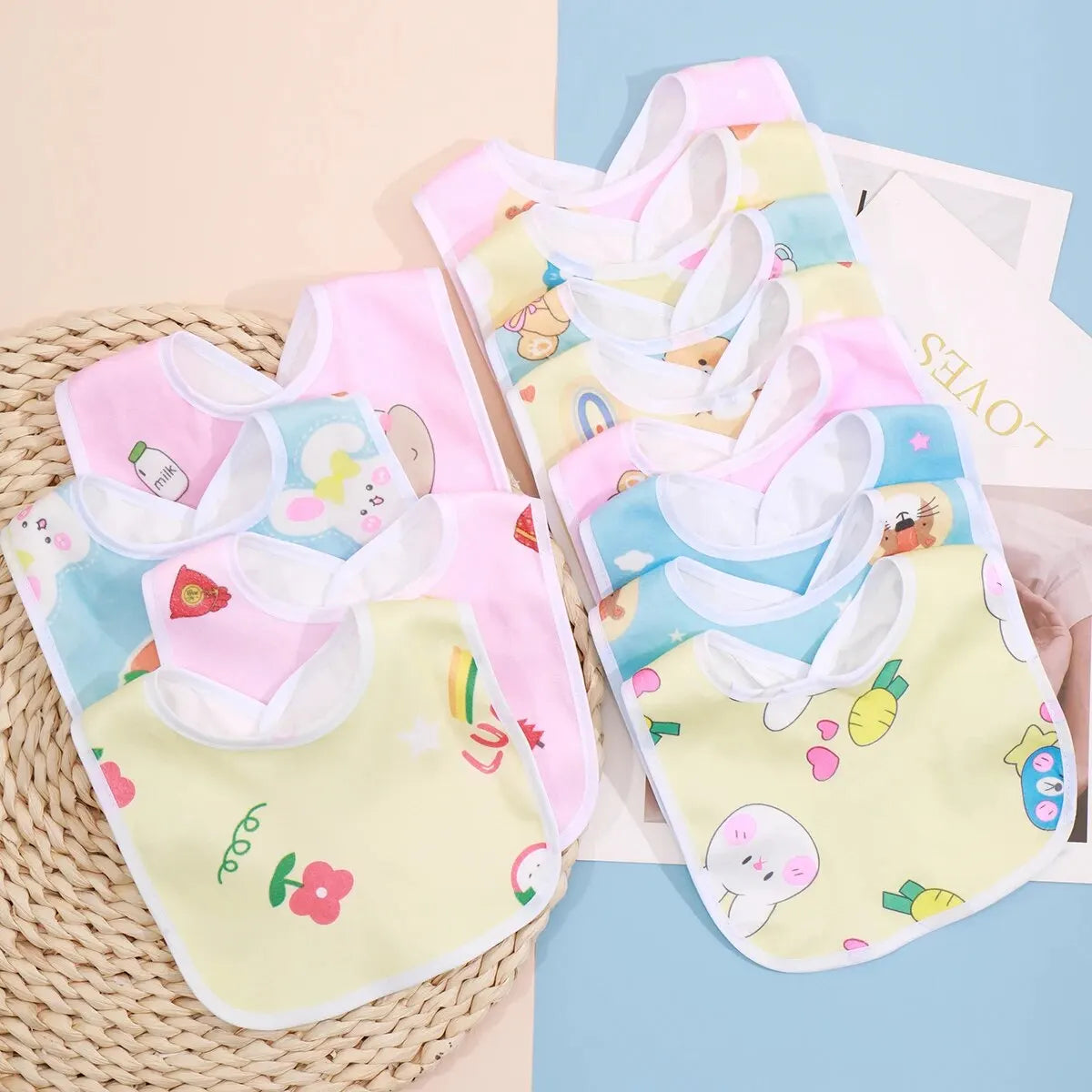 Random 5pcs Baby Cartoon Snap Waterproof Bib Super Soft Baby Bib Newborn Crystal Velvet Saliva Towel