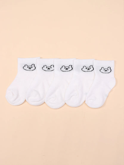 5Pairs Baby Socks Infant Cartoon Solid Color Soft And Comfortable White Mid-Calf Socks For Daily Life