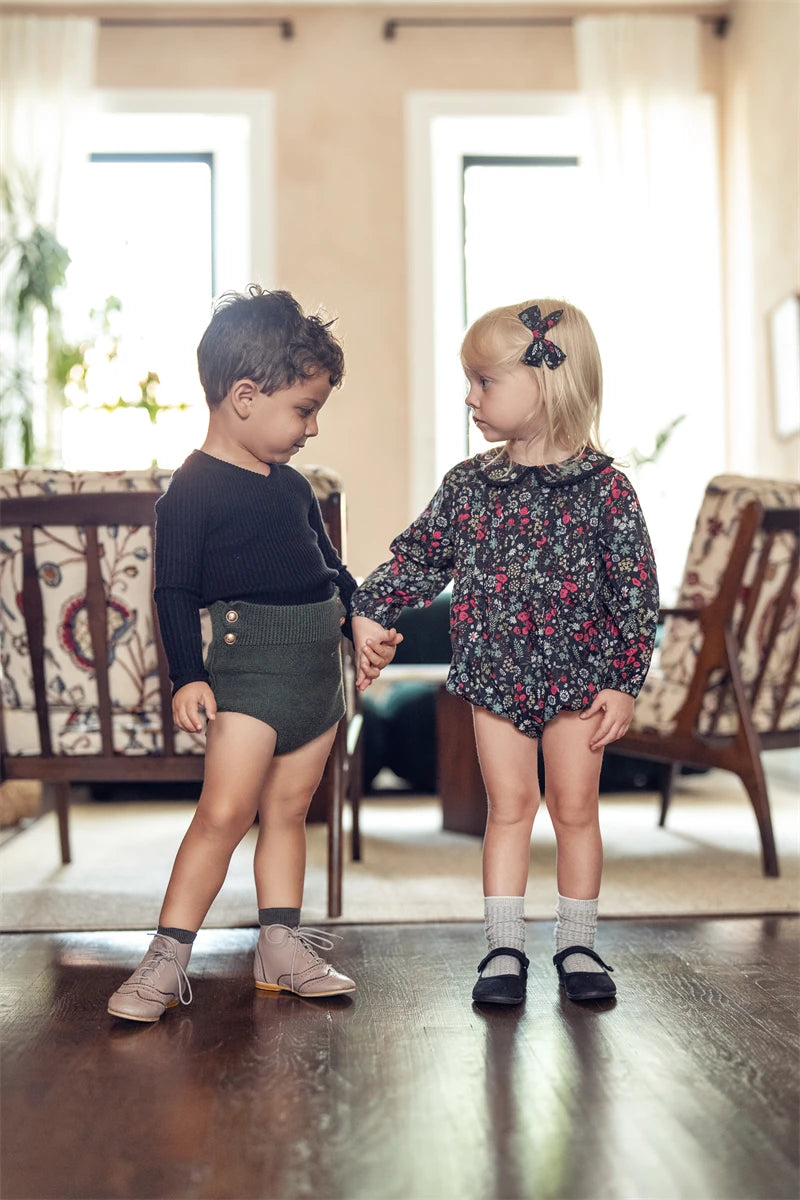 AS Shabbos Boutique Clothes for Brother Sister Matching Outfits Kids Cotton Black Floral Dress Romper Children Knitwear