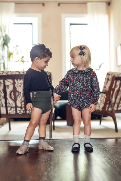 AS Shabbos Boutique Clothes for Brother Sister Matching Outfits Kids Cotton Black Floral Dress Romper Children Knitwear