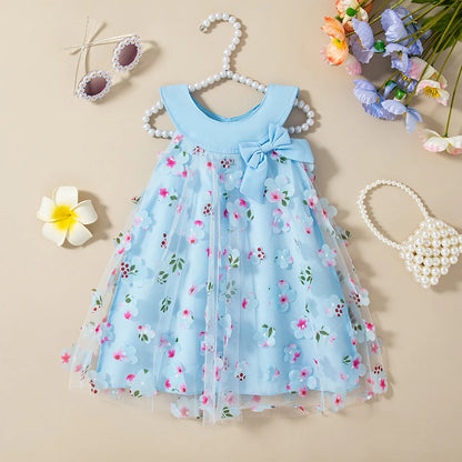 (0-3 Years) New Summer Girls Dress Halter Floral Floral Mesh Bow Round Neck Sweet Princess Dress Birthday Party Party Dress