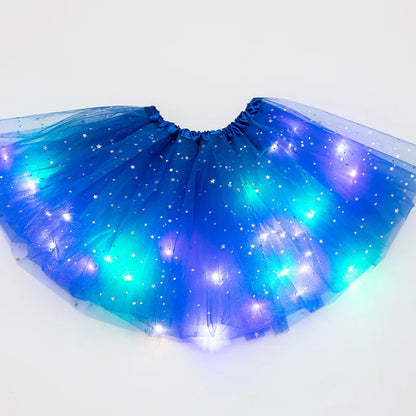 Luminous LED Fluffy Skirt Girls Layered Ballet Dance Pleated Skirt Tulle Light Up Short Dress for Birthday Party Wearing Costume