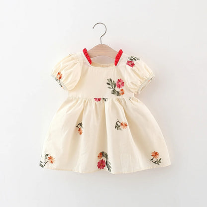 Baby Girl Dresses Summer Floral Embroidery Bubble Sleeve Girls Dresses Cute Girls Princess Dresses Baby Clothes Girl