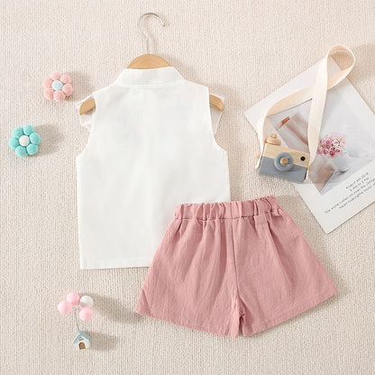 Girl's Summer Thin Sweet And Cute Girl's Little Fresh And Trendy Cool White Shirt Short Sleeved Top Shorts Set