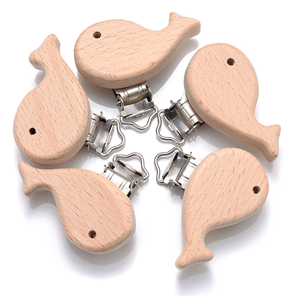 5pcs Woode Pacifier Baby Beech Wooden Animal Pacifier Metal Clips Holder Heart Pacifier Chain Teether Accessories