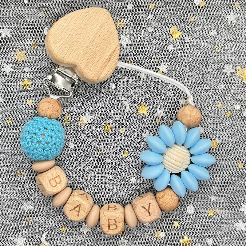 Custom Name Silicone Beads Wooden Ring Pacifier Clips Safe Teething Chains Baby Teether Eco-friendly Dummy Beech Clips Holder