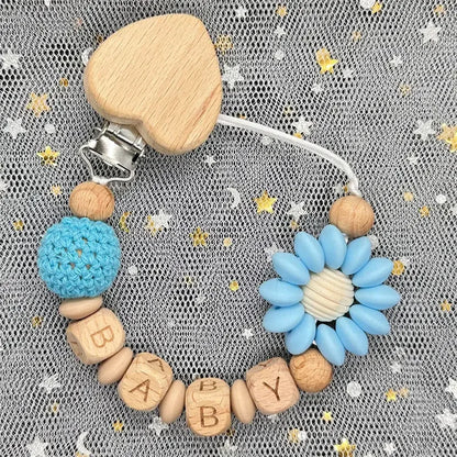 Custom Name Silicone Beads Wooden Ring Pacifier Clips Safe Teething Chains Baby Teether Eco-friendly Dummy Beech Clips Holder