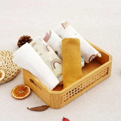 Elinfant 5pcs Gift Set Bamboo Cotton Muslin Bib Burp Cloth 100% Cotton 60*60cm 2 Layers Baby Scarf Handkerchief