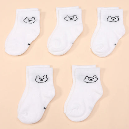 5Pairs Baby Socks Infant Cartoon Solid Color Soft And Comfortable White Mid-Calf Socks For Daily Life