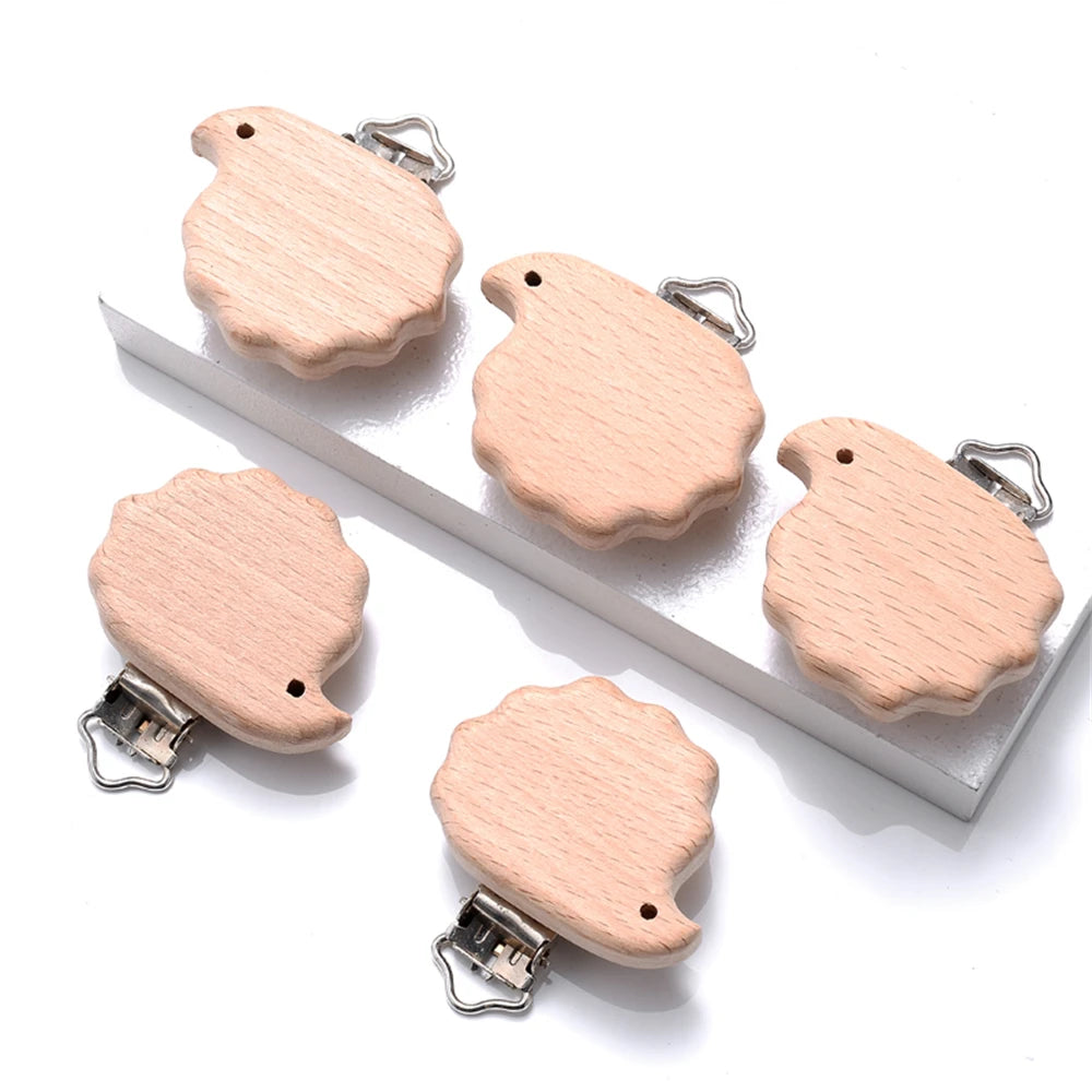 5pcs Woode Pacifier Baby Beech Wooden Animal Pacifier Metal Clips Holder Heart Pacifier Chain Teether Accessories