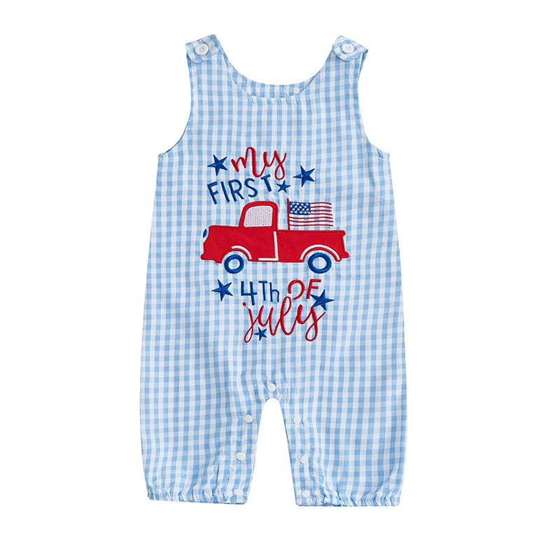 Citgeett Summer Independence Day Infant Baby Boys Girls Overall Sleeveless Plaid Letters Truck Printed 4th of July Clothes