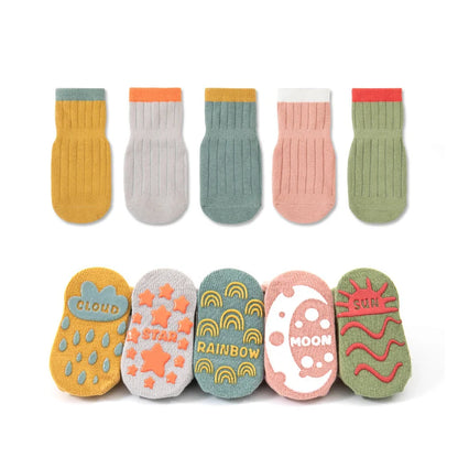 5pairs Casual Cute Knit Floor Socks, Soft Comfortable Breathable Cotton Socks For Toddler Walking Baby Boys And Girls