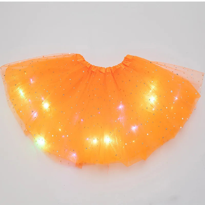 Luminous LED Fluffy Skirt Girls Layered Ballet Dance Pleated Skirt Tulle Light Up Short Dress for Birthday Party Wearing Costume