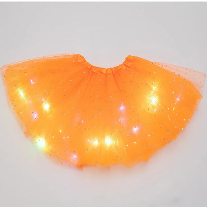 Luminous LED Fluffy Skirt Girls Layered Ballet Dance Pleated Skirt Tulle Light Up Short Dress for Birthday Party Wearing Costume