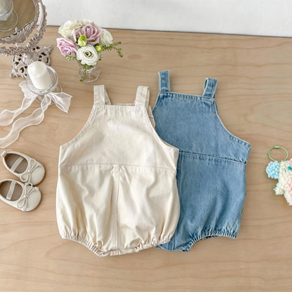 Spring and summer Korean style baby cute pocket denim overalls for boys and girls, fashionable triangle nappy cover