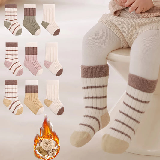 3Pair Baby Plush Socks Thick Warm Kids Mid Tube Sock 0-3Year Boy Girl Winter Thermal Footwear Fashion Stripe Toddler Cotton Sock