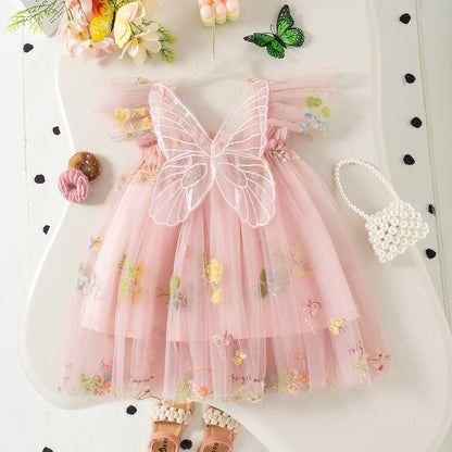 Summer New Floral Embroidery Chiffon Baby Girl Princess Dress, Cute Butterfly Wing Children'S Clothing (9 Months - 4 Years Old)