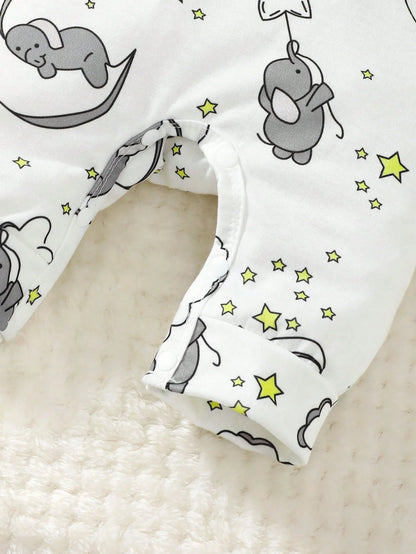 2pcs Baby Cute Cartoon Elephant Pattern Embroidery Long Sleeve Romper With Hat
