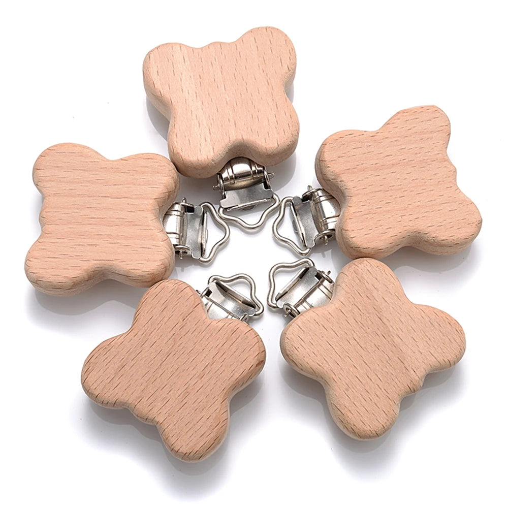 5pcs Woode Pacifier Baby Beech Wooden Animal Pacifier Metal Clips Holder Heart Pacifier Chain Teether Accessories