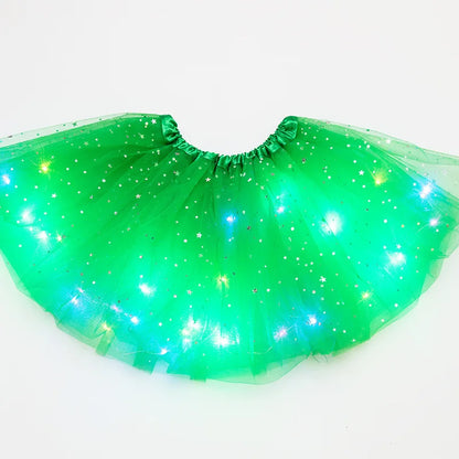 Luminous LED Fluffy Skirt Girls Layered Ballet Dance Pleated Skirt Tulle Light Up Short Dress for Birthday Party Wearing Costume