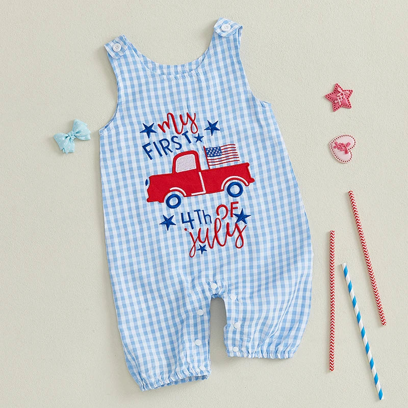 Citgeett Summer Independence Day Infant Baby Boys Girls Overall Sleeveless Plaid Letters Truck Printed 4th of July Clothes