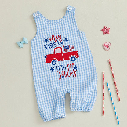 Citgeett Summer Independence Day Infant Baby Boys Girls Overall Sleeveless Plaid Letters Truck Printed 4th of July Clothes