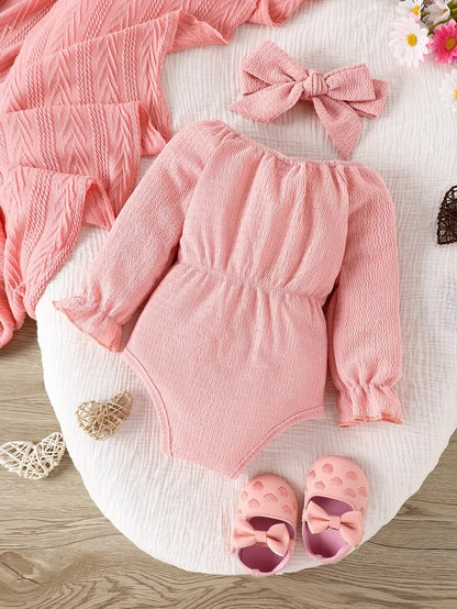 2pieces-Baby Baby Spring and Autumn Cute Fashion Sweet Foreign Style Bow Pink Long Sleeve Onesie + Kerchief Baby Two-piece Set